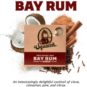 Dr. Squatch Bay Rum Men's Natural Soap 142g packaging box layout
