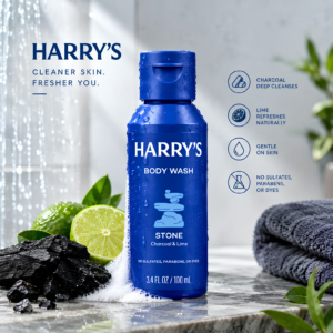 Harry's Stone Body Wash travel size bottle layout