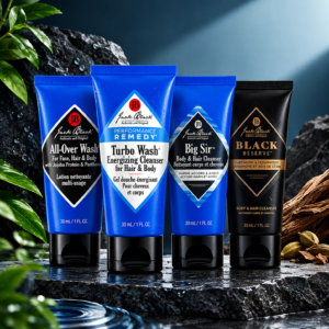 Jack Black 4in1 Grooming Set For Men 4-piece travel body wash set packaging layout