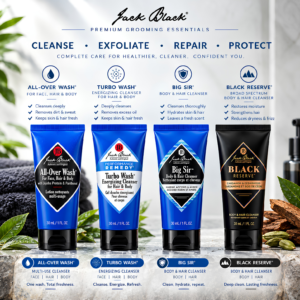 Jack Black 4in1 Grooming Set For Men 4-piece travel body wash set packaging layout