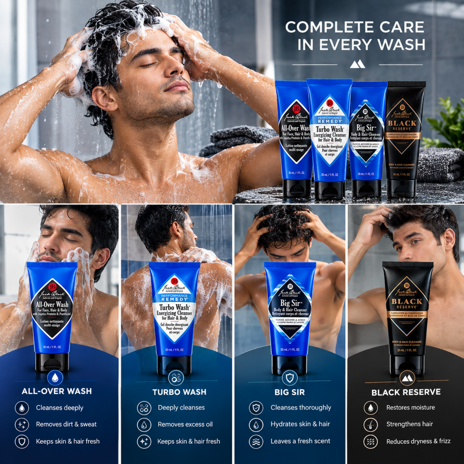 Jack Black 4in1 Grooming Set For Men 4-piece travel body wash set packaging layout