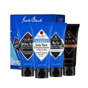 Jack Black 4in1 Grooming Set For Men 4-piece travel body wash set packaging layout