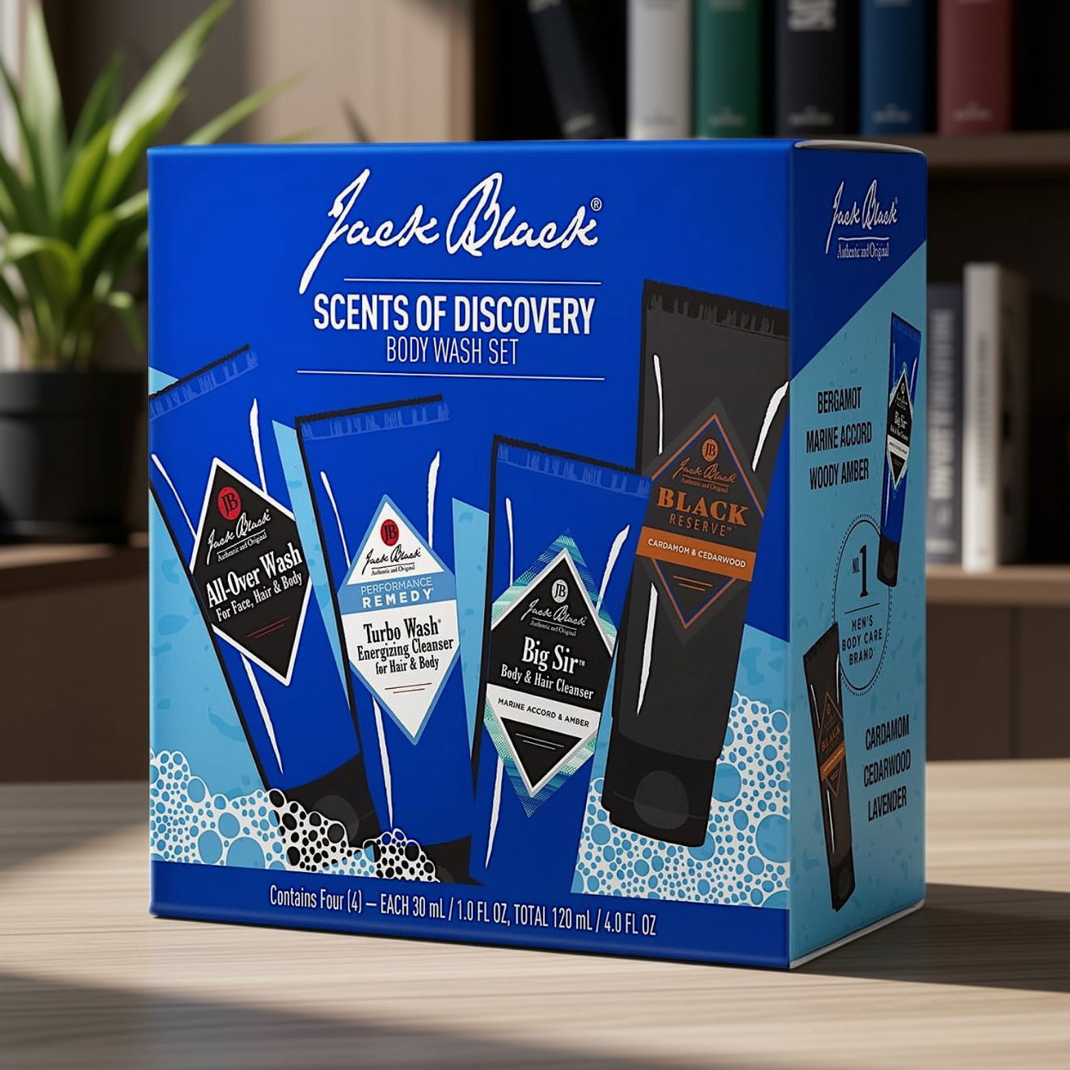Jack Black 4in1 Grooming Set For Men 4-piece travel body wash set packaging layout