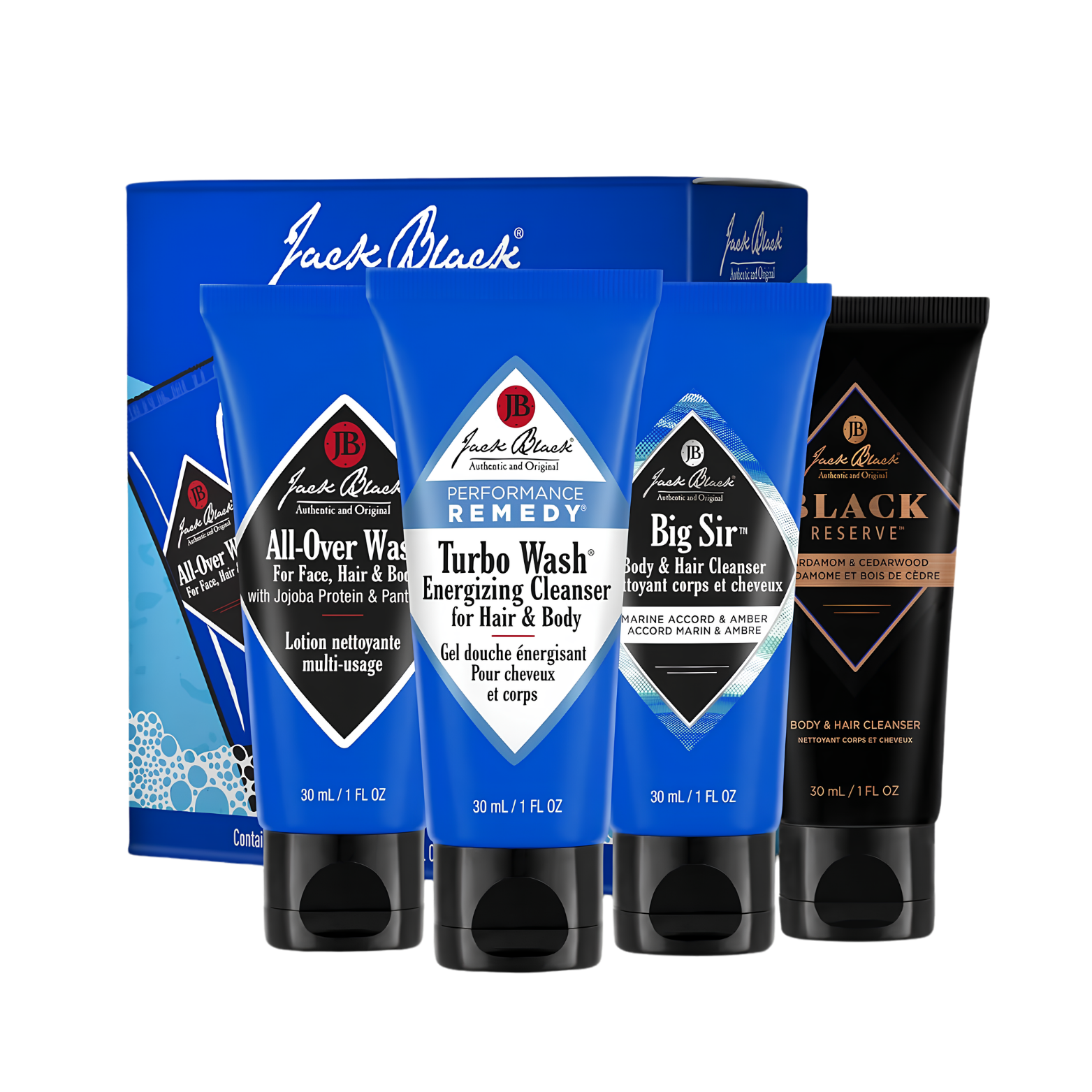Jack Black 4in1 Grooming Set For Men 4-piece travel body wash set packaging layout