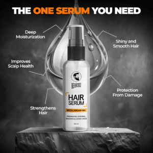 Beardo Hair Serum with Argan Oil - 50 ml bottle layout for men's frizz control and instant shine