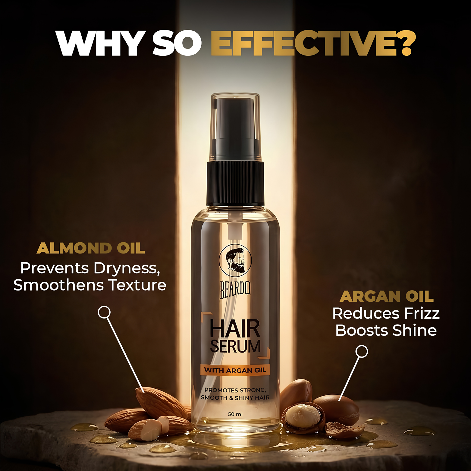 Beardo Hair Serum with Argan Oil - 50 ml bottle layout for men's frizz control and instant shine