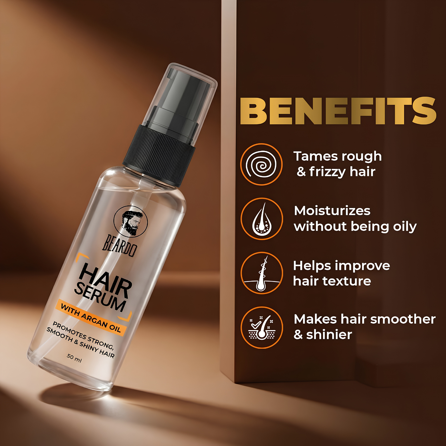 Beardo Hair Serum with Argan Oil - 50 ml bottle layout for men's frizz control and instant shine