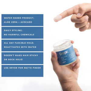 Dapr. Advanced Hair Pomade 100g jar layout for flexible hold and wet or matte styling