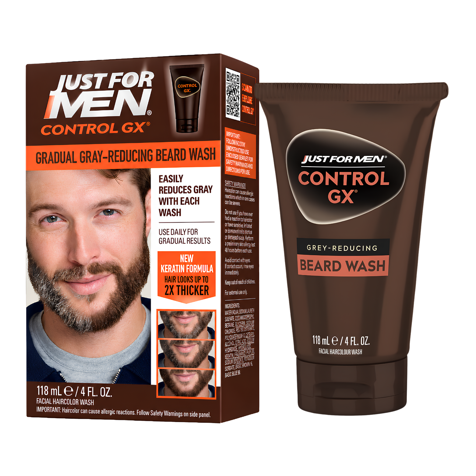 Just for Men Control GX Gray Reducing Beard Wash 118ml packaging box layout