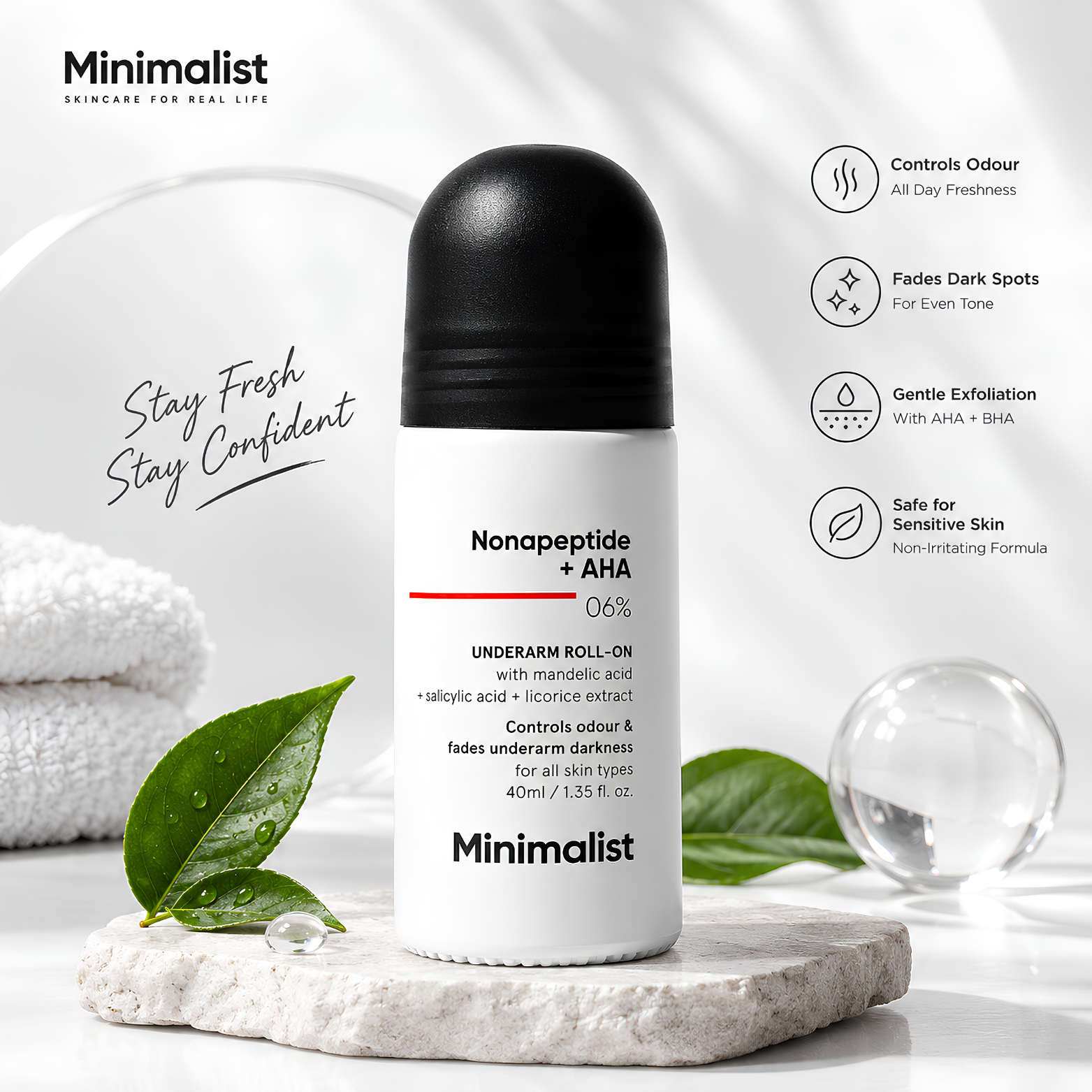 Minimalist Underarm Roll-On Deodorant with Nonapeptide – 40ml | AHA BHA 06%
