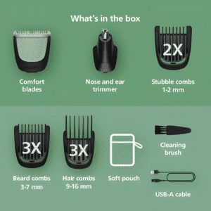 Philips Norelco All-in-One 3000 Series Trimmer box and multi-grooming attachment layout