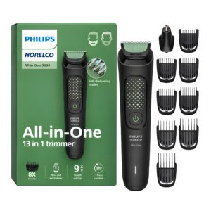 Philips Norelco All-in-One 3000 Series Trimmer box and multi-grooming attachment layout