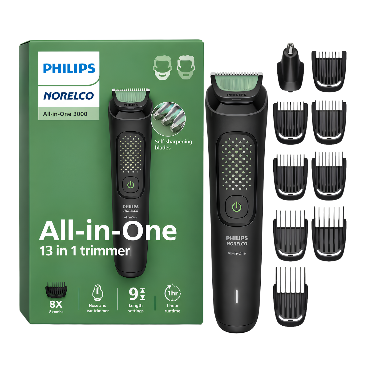 Philips Norelco All-in-One 3000 Series Trimmer box and multi-grooming attachment layout
